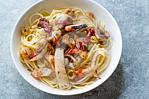 Seafood Pasta Spaghetti with Shrimps, Octopus, Prawn, Clams and Calamari