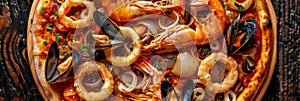 Seafood Pizza, Pizza Ai Frutti Di Mare with Squid Rings, Mussels and Shrimps with Tomato Sauce photo