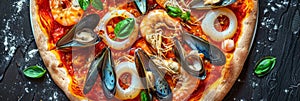 Seafood Pizza, Pizza Ai Frutti Di Mare with Squid Rings, Mussels and Shrimps with Tomato Sauce photo