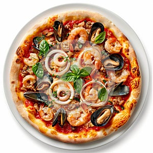 Seafood Pizza, Pizza Ai Frutti Di Mare with Squid Rings, Mussels and Shrimps with Tomato Sauce photo