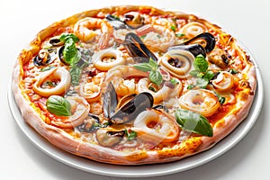Seafood Pizza, Pizza Ai Frutti Di Mare with Squid Rings, Mussels and Shrimps with Tomato Sauce photo