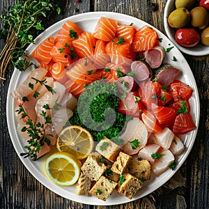 Seafood Plate, Raw Fish Mix on White Plate, Salted Salmon, Trout, Tuna, Smoked Chicken Fillet