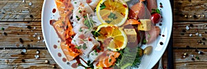 Seafood Plate, Raw Fish Mix on White Plate, Salted Salmon, Trout, Tuna, Smoked Chicken Fillet
