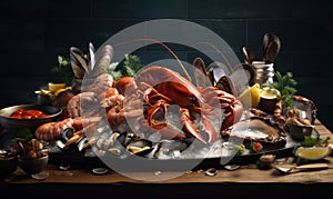 seafood platter adorned with lobster, scallops, clams, and shrimp. Generative ai