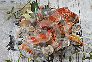 Seafood platter with lobster, oyster,