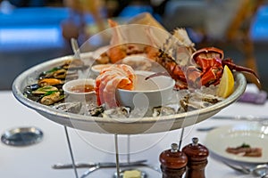 seafood platter with prawns shrimp crabs Balmain bugs oyster clams in a Sydney