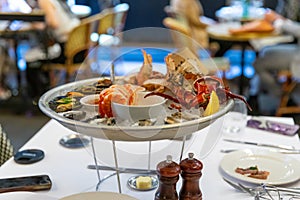 seafood platter with prawns shrimp crabs Balmain bugs oyster clams in a Sydney CBD