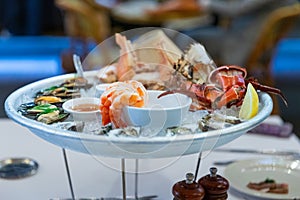 seafood platter with prawns shrimp crabs Balmain bugs oyster clams in a Sydney CBD