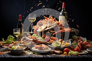 Seafood platter on wooden table with wine and crackers, food getting wasted , AI Generated