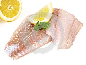 Seafood - Pollack Loin raw isolated on white Background