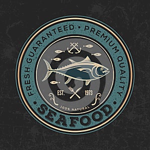 Seafood poster, banner or logo template with jumping salmon fish. Vector illustration