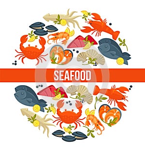 Seafood poster of fresh fish catch for sea food restaurant fisher market