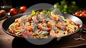 Seafood prawn spaghetti with basil and tomatoes