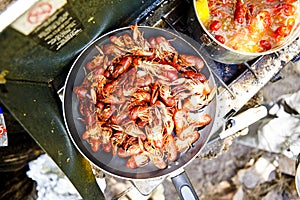 Seafood preparing on frying pan