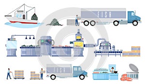 Seafood production process vector infographic. Commercial fishing industry. Fish factory processing line. Distribution.
