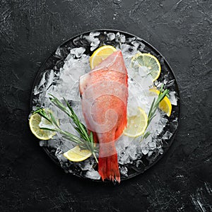 Seafood raw snapper on ice. Top view.