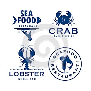 Seafood related labels badges emblems set. Vector vintage illustration.