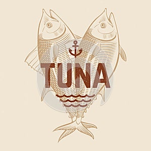 Seafood restaurant or cafe vector banner template with hand drawn engraving tuna fish. Vintage tuna background
