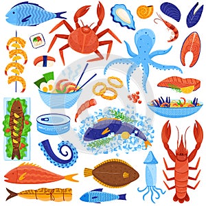 Seafood restaurant dish vector illustration flat set, cartoon fresh or cooked food, sea products collection, meals menu