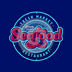Seafood restaurant and fresh food market emblem. Lettering and circle with letters. letter S and letter F with octopus tentacles.