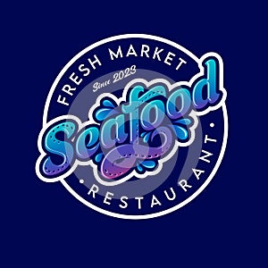Seafood restaurant and fresh market emblem. Lettering and circle with letters. letter S and letter F with octopus tentacles.