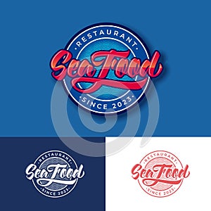 Seafood restaurant and fresh market emblem. Red lettering with decoration curl on circle with letters.