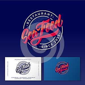 Seafood restaurant and fresh market emblem. Red lettering with decoration curl on circle with letters. Business card.