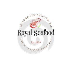 Seafood restaurant logo. Red prawn. Watercolor shrimp illustration emblem.