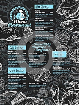 Seafood. restaurant menu design template. hand drawn seafood