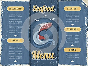 Seafood restaurant menu. Print templates with stylized pictures of underwater life with fishes and waves corporate design recent