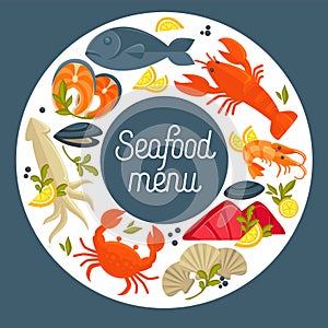 Seafood restaurant menu vector design template for fresh fish gourmet sea food