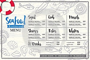 Seafood restaurant placemat menu design vector template with hand drawn graphic