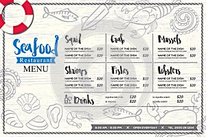Seafood restaurant placemat menu design vector template with hand drawn graphic photo