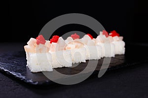 Seafood restaurant, pressed sushi with scallop