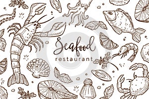Seafood restaurant sketch poster for menu or tablemat template.