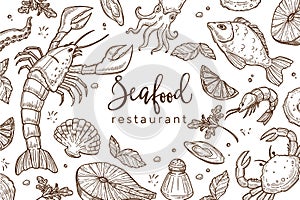 Seafood restaurant sketch poster for menu or tablemat template. photo