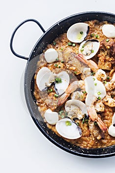 Seafood and rice paella traditional spanish food photo