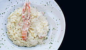Seafood risotto dish with a big prawn on top
