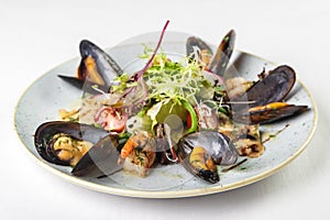 Seafood salad on circular plate on white background.