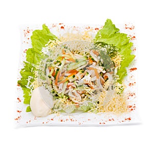 Seafood salad with squid and fresh vegetable, isolated on white