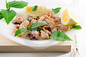 Seafood salad on a white plate.