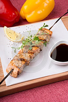 Seafood salmon grilled on a skewer