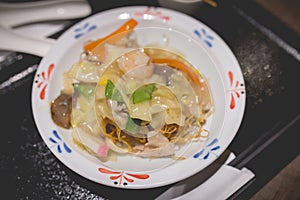 Seafood sara udon japanese cuisine. Traditional Nagasaki fried noodle