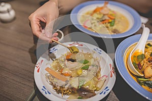 Seafood sara udon japanese cuisine. Traditional Nagasaki fried noodle