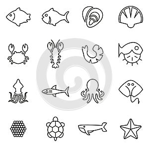 Seafood or Sea Life Icons Thin Line Vector Illustration Set