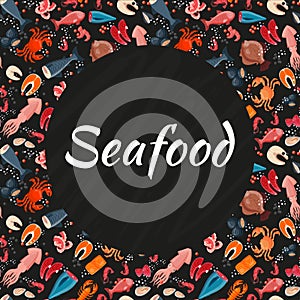 Seafood seamless background pattern, banner sea product foodstuff icon stuff flat vector illustration, advertisement