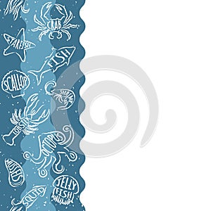 Seafood seamless banner with underwater contour animals. Tile design for restaurant menu, fish food industry or market shop.