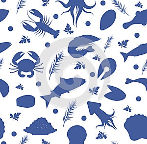 Seafood seamless pattern. Fish food endless background, texture. Underwater, sea life backdrop. Vector illustration.