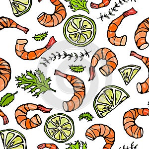 Seafood Seamless Pattern. Shrimp or Prawn, Herbs and Lime. Isolated On a White Background Doodle Cartoon Vintage Hand