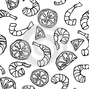 Seafood Seamless Pattern. Shrimp or Prawn and Lemon Background. Isolated On a White Background Doodle Cartoon Vintage